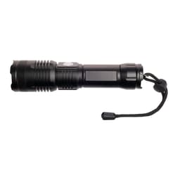 A rechargeable torch featuring a sleek black design, a textured grip, and a convenient lanyard.