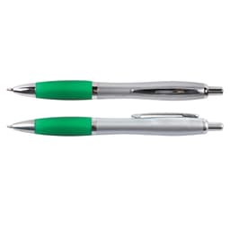 Two metal pens are displayed, featuring green grips and silver bodies. Each pen has a clip for convenience.