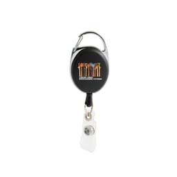 A black retractable ID badge holder with a clip and a clear badge attachment. It features a logo.