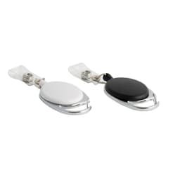 A Premium Retractable ID Badge Holder in black and white with a metal clip and a retractable cord for easy access.