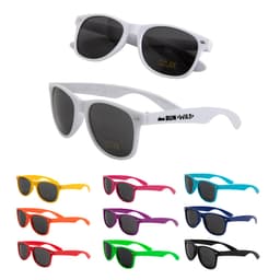 Two pairs of white sunglasses with black lenses and multiple pairs in vibrant colours, including yellow, orange, pink, purple, and blue.