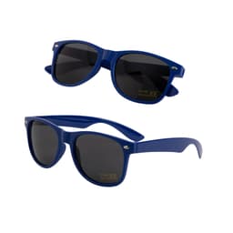 Blue sunglasses with dark lenses, featuring a logo on the side, showcased from different angles.