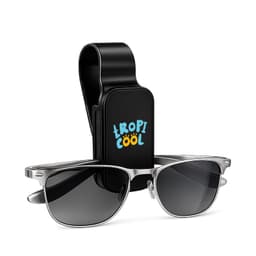 A black visor glasses holder with a clip and silver sunglasses featured in front. Includes a logo design.