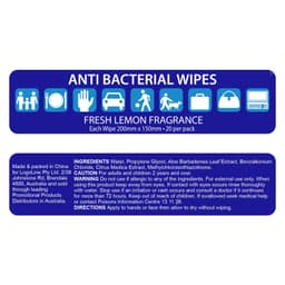 A pack of antibacterial wet wipes featuring fresh lemon fragrance, blue and white packaging, with a logo.