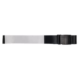 A luggage strap featuring a black adjustable buckle and a wide, reflective silver band for enhanced visibility.