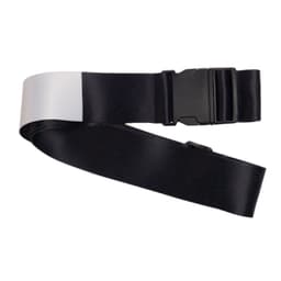 A luggage strap featuring a sleek black design with a silver accent and a secure buckle closure.