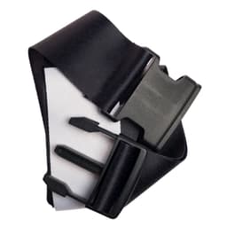 A black luggage strap featuring a durable buckle and adjustable components.