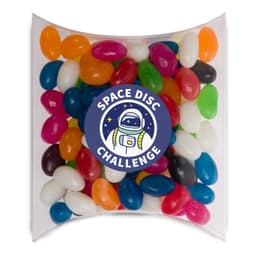 Assorted jelly beans in various colours contained in a pillow pack, featuring a logo on the front.