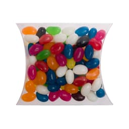 A pillow pack containing assorted colour mini jelly beans in various vibrant shades.
