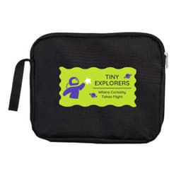 A black utility pouch featuring a colorful logo with green and purple accents, including a zipper and a handle.