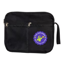 A black utility pouch featuring a logo for "Tiny Explorers" with mesh pockets and zippered compartments.