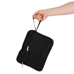 A black utility pouch being held by a hand, featuring a zippered compartment and a mesh pocket.