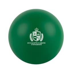 A green round stress ball featuring the logo of Eucalyptus Grove University.