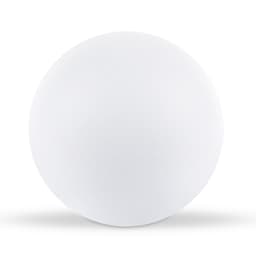 A round, white stress ball designed for fun and relaxation.