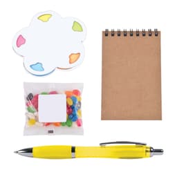 A yellow pen, a notepad, a pack of jelly beans, and a flower-shaped sticky note set.
