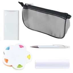 A set of gray and white promotional items including a pouch, pen, sticky notes in flower shape, and a lip balm tube.