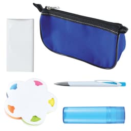 A blue zippered pouch contains a white notepad, a blue pen, a colorful sticky note set, and a blue highlighter.