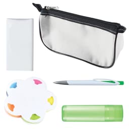A collection of office supplies including a clear notebook, a gray pencil case, a pen, a colorful sticky note pad, and a green lip balm.