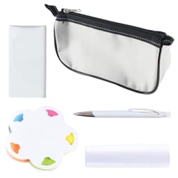 A collection including a white zippered pouch, a white pen, a flower-shaped sticky note pad, and a white lip balm tube.