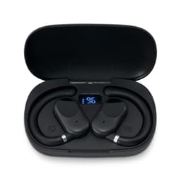 Black ear buds sitting in a charging case, featuring a digital display on the inside of the lid.