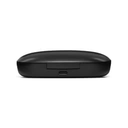 A black charging case for earbuds with a USB-C port on the bottom. It has a smooth, rounded design.