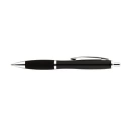 A black metal pen with silver accents and a clip, featuring a sleek design and a logo.