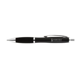 A metal pen featuring a sleek black body with silver accents and a clip, showcasing a logo on the side.
