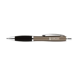 A metal pen in bronze with black grip and chrome accents, featuring a logo.