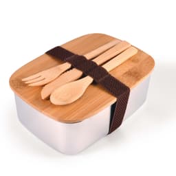 A bamboo and stainless steel lunch box with a brown strap, featuring wooden utensils on top.