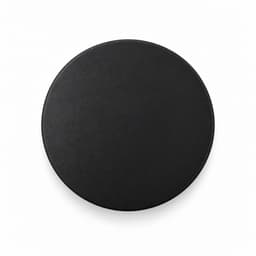 A black round food container with a smooth surface and a subtle branding element.
