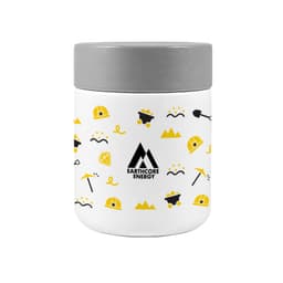 A food container in white with a grey lid, featuring mining-themed illustrations and a logo.