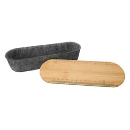A utility case featuring a felt interior and a bamboo lid designed with a ruler. The case has an elongated oval shape.