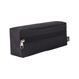 A black utility case with a rectangular shape and a zippered closure. It features a logo on the side.