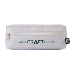 A white utility case with a zip closure, featuring a logo on the front.