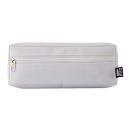 A white utility case with a zippered compartment and a small tag on the side.