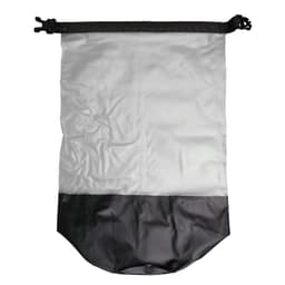 A waterproof bag features a clear upper section and a black lower section, equipped with a secure closure.