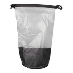A waterproof bag featuring a clear upper section and black lower section, secured with adjustable straps.