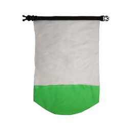 A waterproof bag featuring a white upper section and a vibrant green lower section, secured with a black closure.