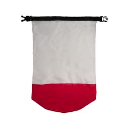 A waterproof bag featuring a white upper section and a red bottom, equipped with a secure closure and a logo.