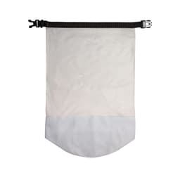 A waterproof bag in white, featuring a rounded bottom and a black strap closure, with a logo on the surface.