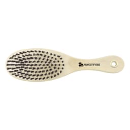 A pet grooming brush with a wooden handle and black bristles, featuring a logo on the handle.
