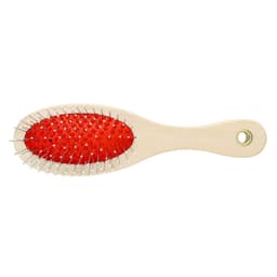 A pet grooming brush with a wooden handle and a red rubber base, featuring metal bristles.