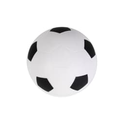 A white soccer ball stress reliever with black patches, featuring a smooth surface and one logo.