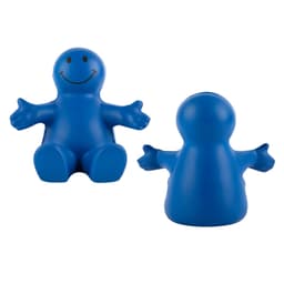 A blue stress reliever shaped like a smiling figure with outstretched arms, featuring a simple face and smooth finish.