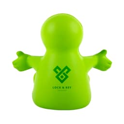 A green stress reliever in the shape of a smiling figure with outstretched arms and a logo on its back.