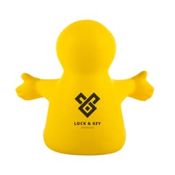 A yellow stress reliever in the shape of a fun character with outstretched arms, featuring a logo.