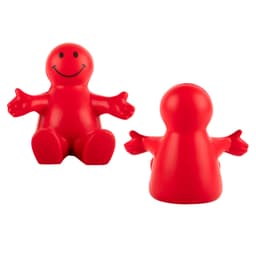 A red, smiling figure designed as a chair stress reliever, with arms outstretched to the sides.