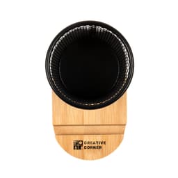 A bamboo pen tidy phone stand with a black mesh holder on top and a wooden base, featuring a logo.