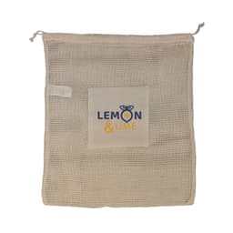 A natural-coloured mesh bag featuring a logo and a square patch with text.