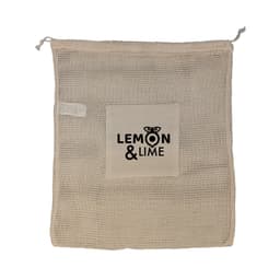 A beige mesh bag with a square pocket and a logo. It features a drawstring closure for secure storage.